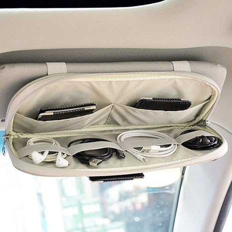 Multi-Pocket Visor Organizer Storage Pouch for Cars, SUVs & Trucks with Double Zippers, Elastic Bands & Glasses Clip