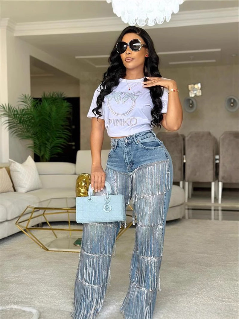 Womens High Waisted Straight Wide Leg Sequin Tassels Jeans