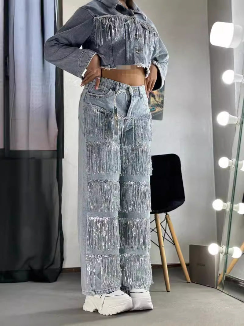 Womens High Waisted Straight Wide Leg Sequin Tassels Jeans
