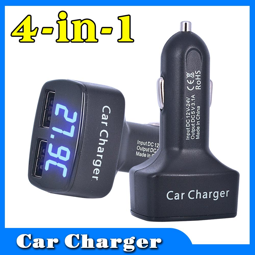 4 In 1 Dual USB Car Charger 3.1A 5V Fast Adapter Socket Digital Display Voltage Temperature