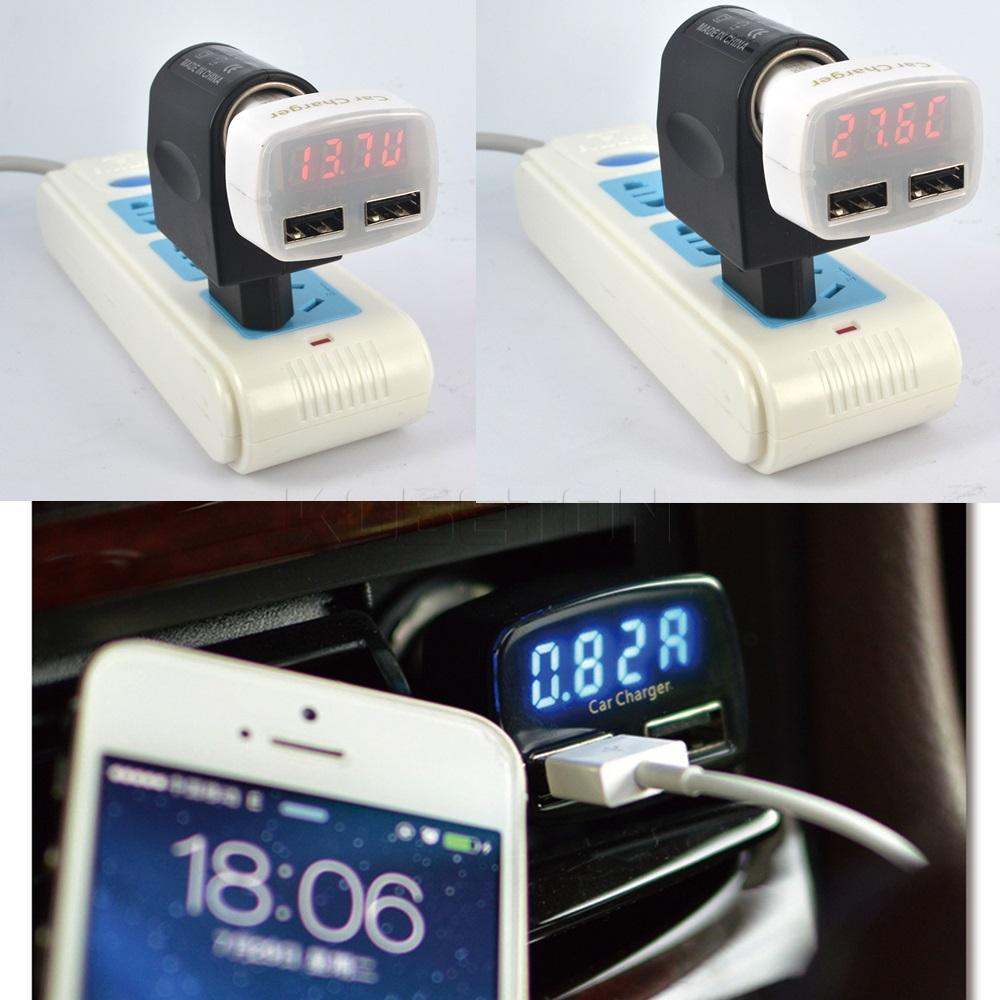 4 In 1 Dual USB Car Charger 3.1A 5V Fast Adapter Socket Digital Display Voltage Temperature