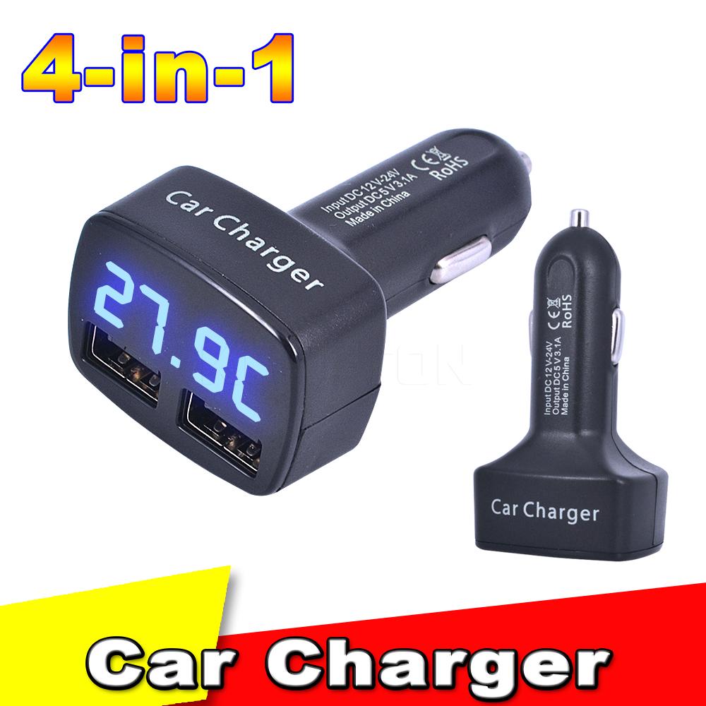 4 In 1 Dual USB Car Charger 3.1A 5V Fast Adapter Socket Digital Display Voltage Temperature