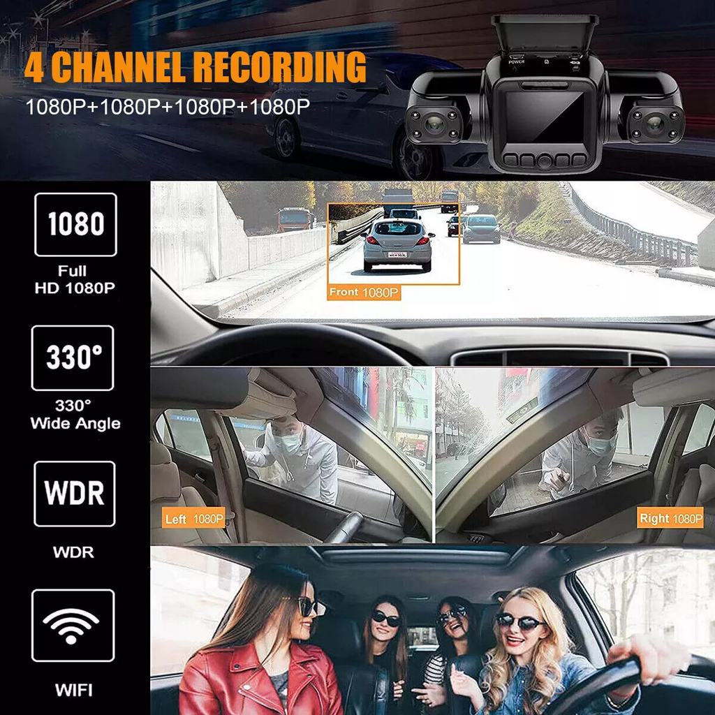 360° Panoramic Car Dash Cam 1080P 4 Channel Driving Recorder Front+Rear Cameras