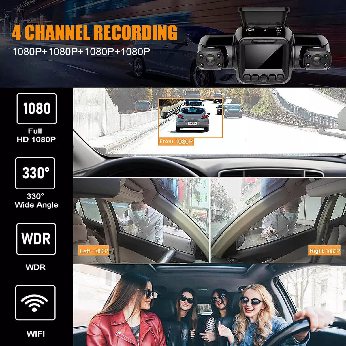 360° Panoramic Car Dash Cam 1080P 4 Channel Driving Recorder Front+Rear Cameras