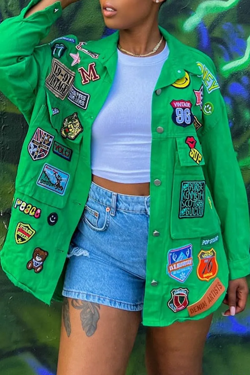 Womens Yellow Street Patchwork Turndown Collar Long Sleeve Denim Jacket