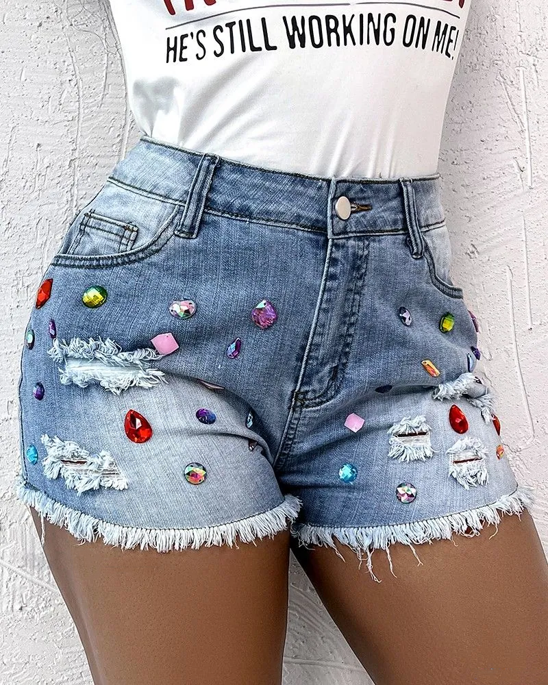 Premium Rhinestone Embellished Raw Hem Denim Shorts