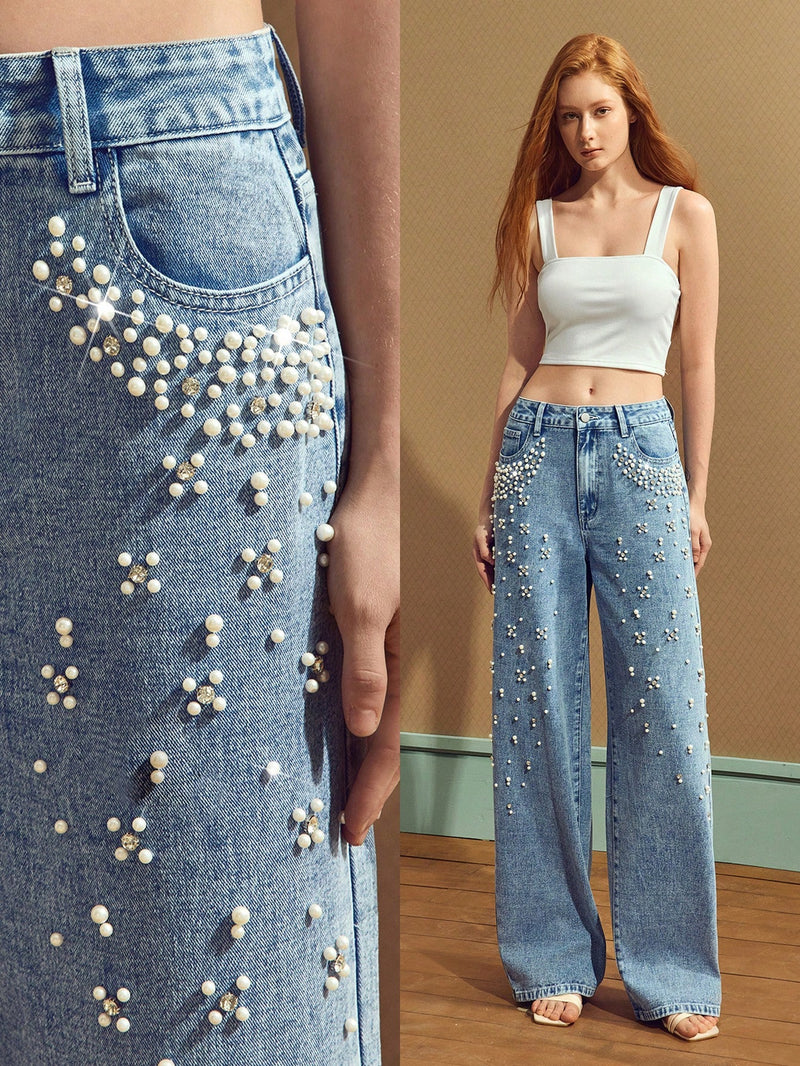 Women's Jeans With Faux Pearl