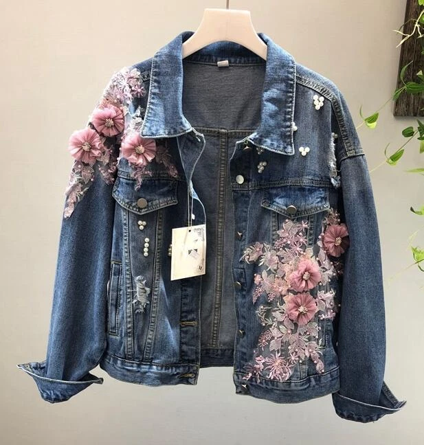 Womens Beads Flower Denim Jacket Fashion Lapel Collar Jeans Casual Outwear Coat