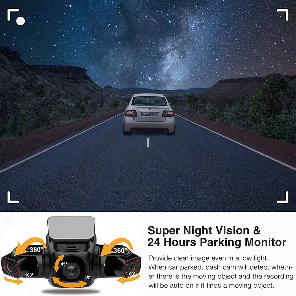 360° Panoramic Car Dash Cam 1080P 4 Channel Driving Recorder Front+Rear Cameras