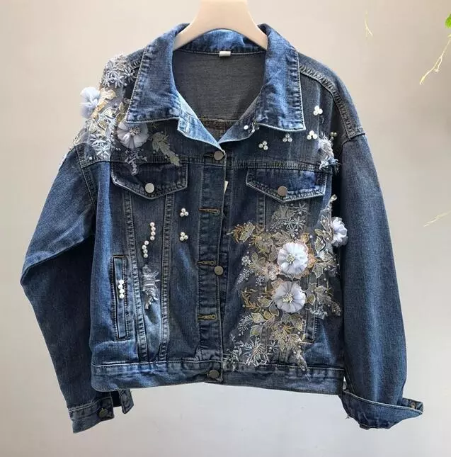 Womens Beads Flower Denim Jacket Fashion Lapel Collar Jeans Casual Outwear Coat