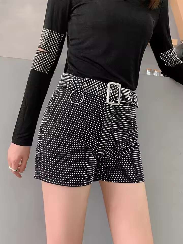 High Waist Rhinestone Belt Wide Leg Denim Shorts