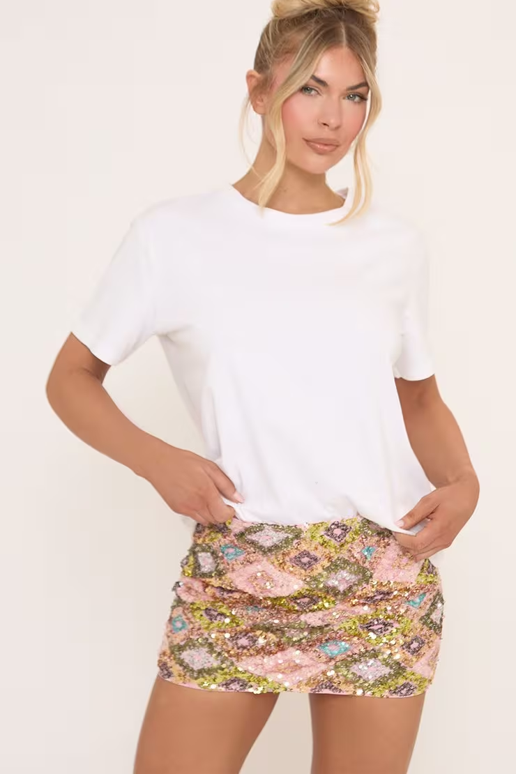 Low Rise Micro Mini Skirt In Pink Printed Sequin