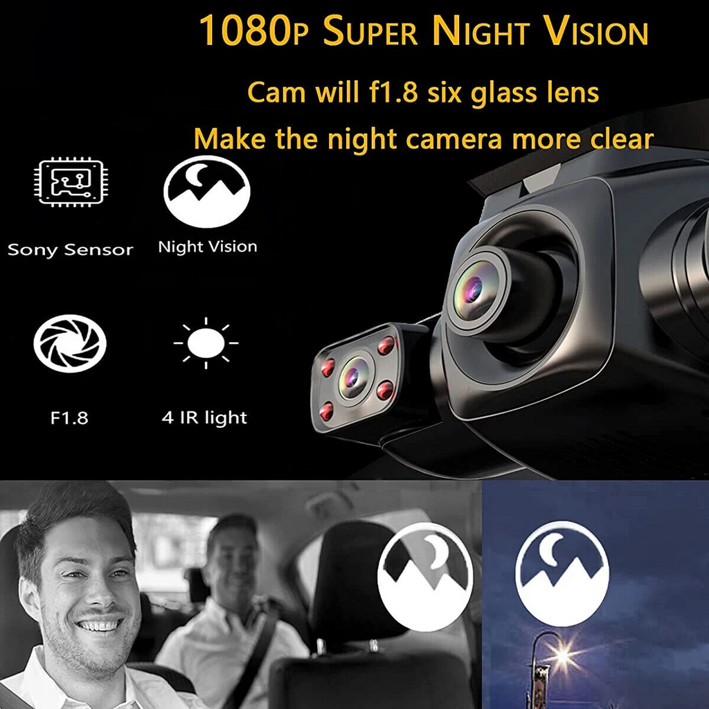 360° Panoramic Car Dash Cam 1080P 4 Channel Driving Recorder Front+Rear Cameras