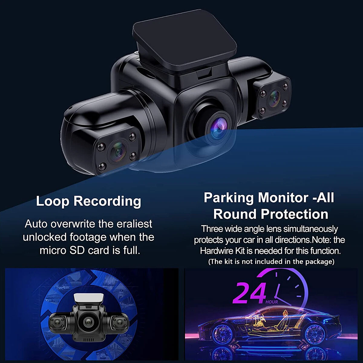 360° Panoramic Car Dash Cam 1080P 4 Channel Driving Recorder Front+Rear Cameras