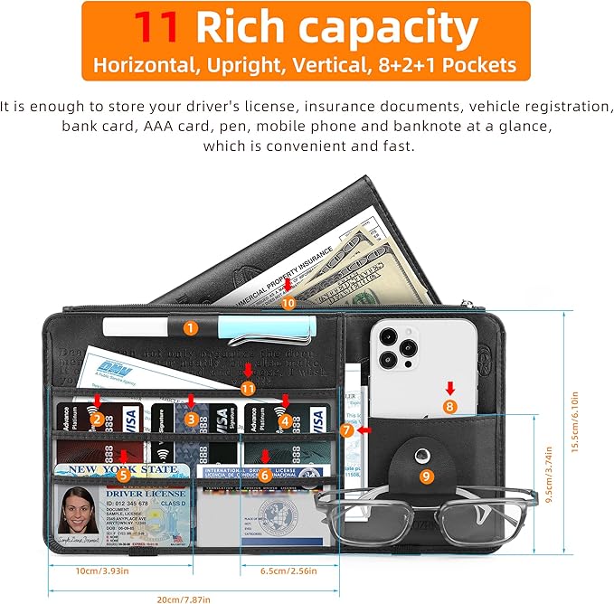 Car Truck Interior Accessories Visor Holder Document Wallet Multi-Pocket Zipper Glasses clip Storage Pocket