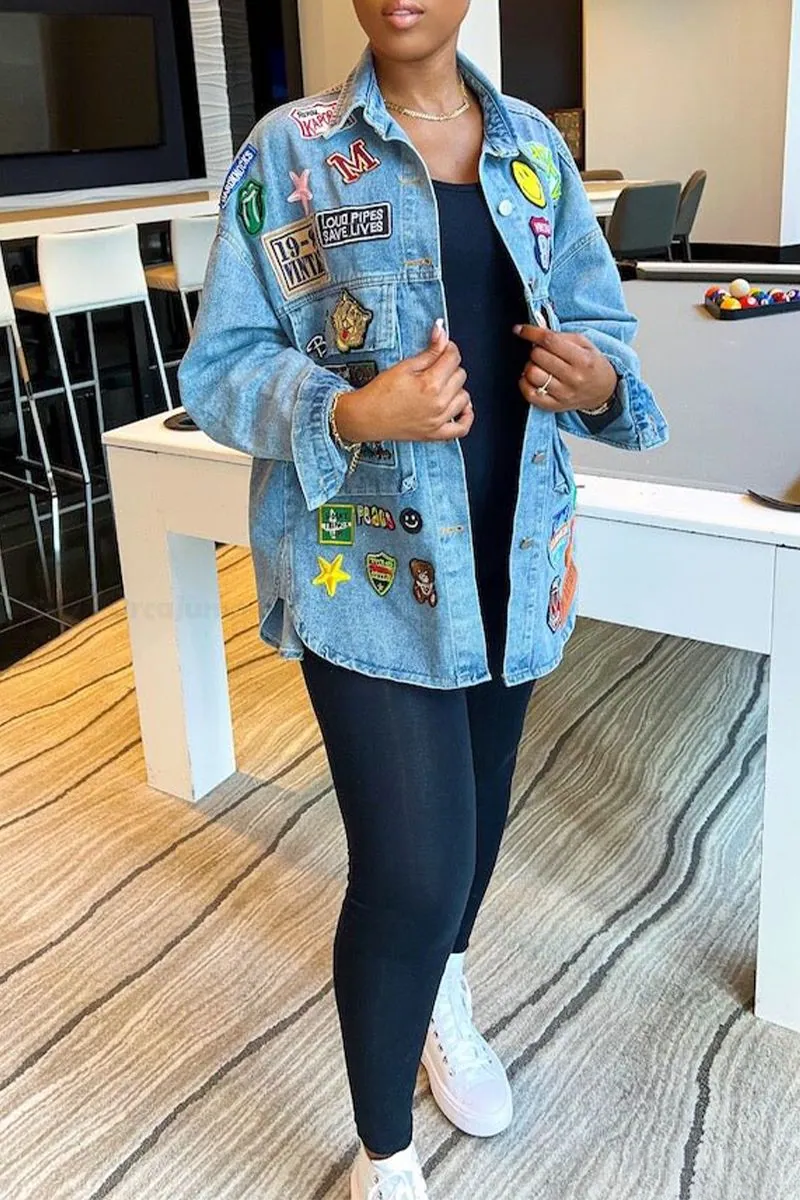 Womens Yellow Street Patchwork Turndown Collar Long Sleeve Denim Jacket