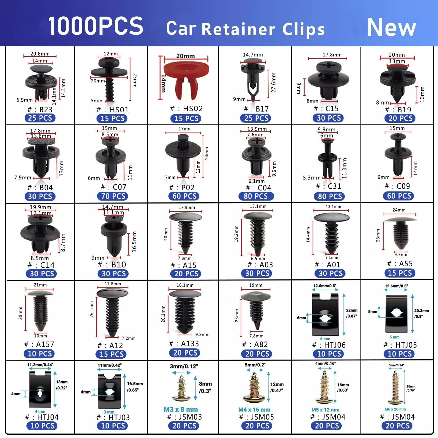 1000PCS Car Push Retainer Bumper Clip U Clip Screw Kit Panel Clips Metal Screw