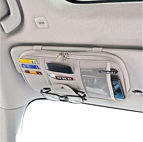 Multi-Pocket Visor Organizer Storage Pouch for Cars, SUVs & Trucks with Double Zippers, Elastic Bands & Glasses Clip
