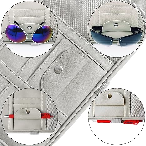 Multi-Pocket Visor Organizer Storage Pouch for Cars, SUVs & Trucks with Double Zippers, Elastic Bands & Glasses Clip