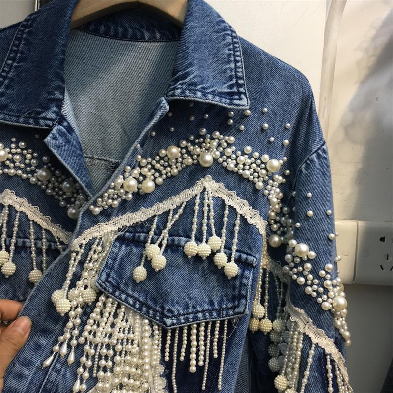 Women's Pearl Fringe Jean Jacket Laple Short Denim Coat