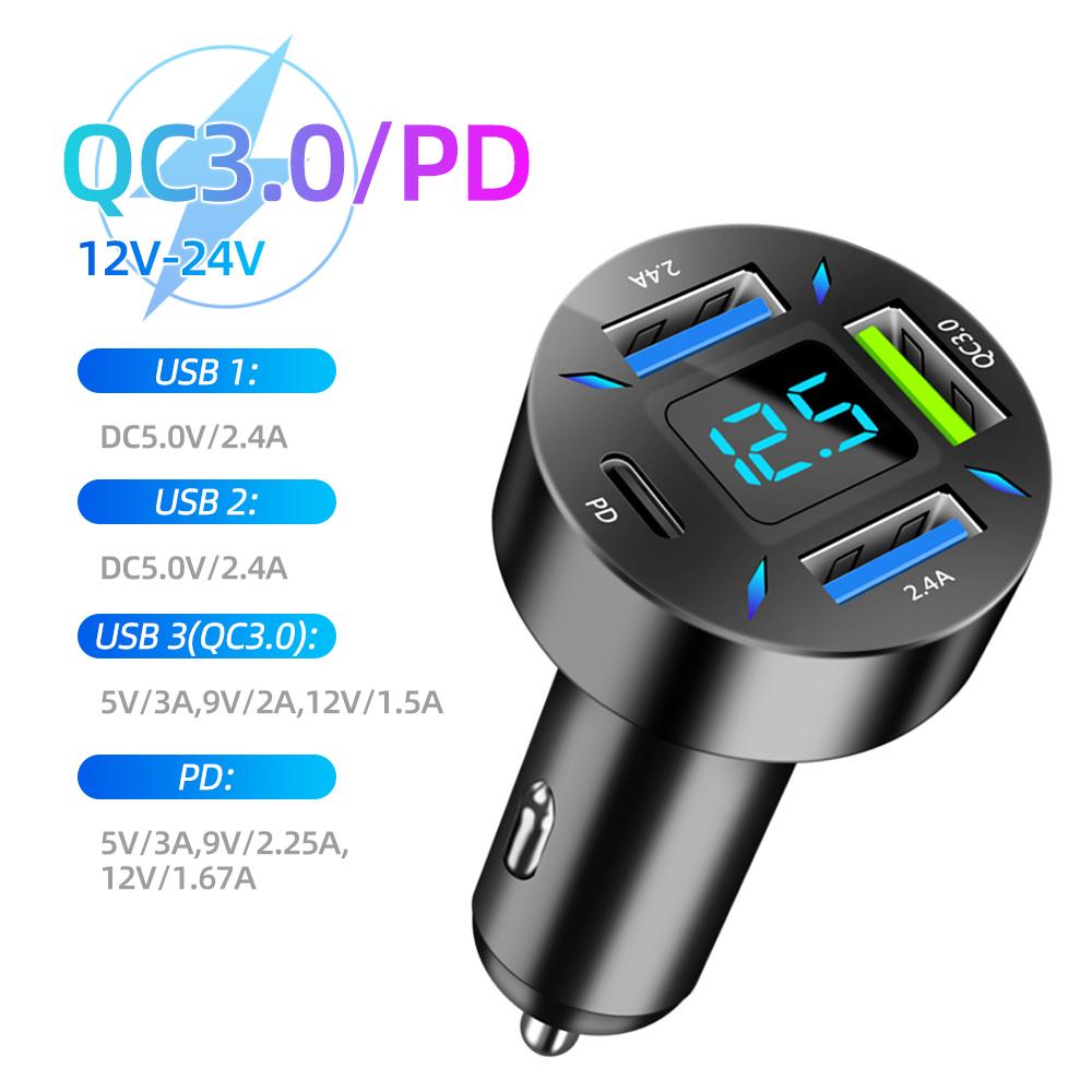 66W USB Car Charger Quick Charge PD QC3.0 With Voltmeter Cigarette Lighter Socket Power Adapter
