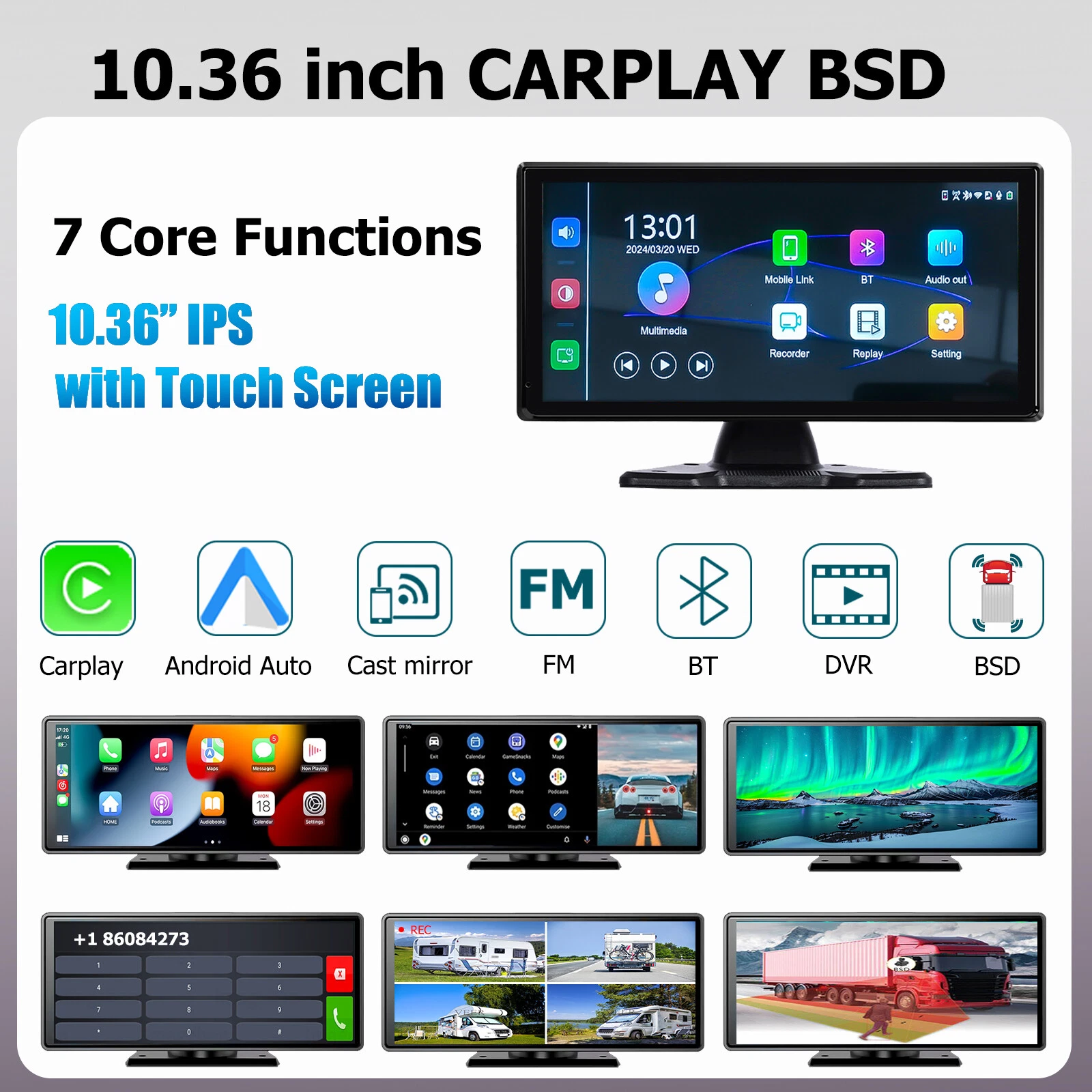 1080P Backup Cameras 10.36" Monitor DVR Carplay Android Auto BSD Reverse System