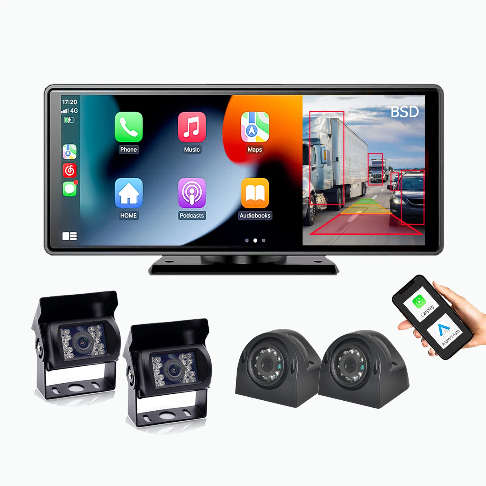 1080P Backup Cameras 10.36" Monitor DVR Carplay Android Auto BSD Reverse System