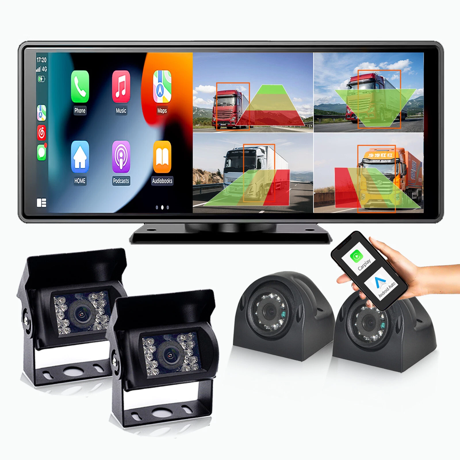 1080P Backup Cameras 10.36" Monitor DVR Carplay Android Auto BSD Reverse System