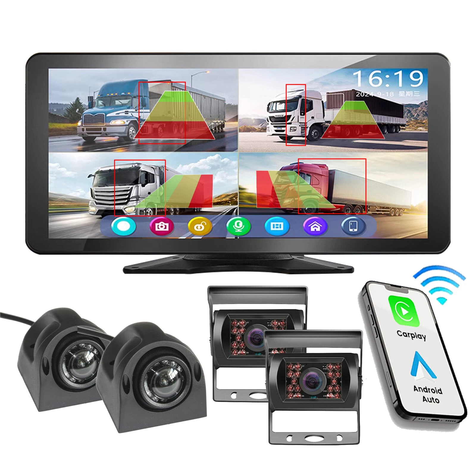 1080P Backup Cameras 10.36" Monitor DVR Carplay Android Auto BSD Reverse System