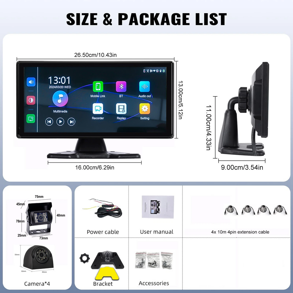 1080P Backup Cameras 10.36" Monitor DVR Carplay Android Auto BSD Reverse System