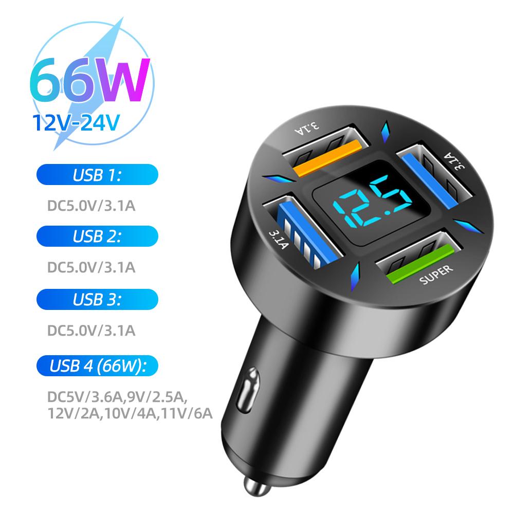 66W USB Car Charger Quick Charge PD QC3.0 With Voltmeter Cigarette Lighter Socket Power Adapter