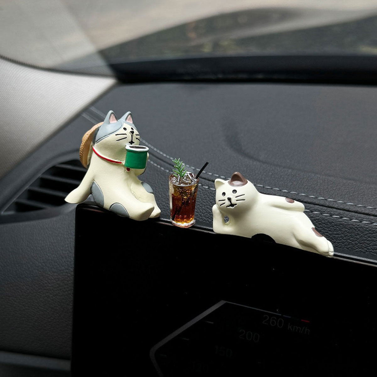 Cute Coffee Travel Cat Action Figure Auto Center Console Ornament