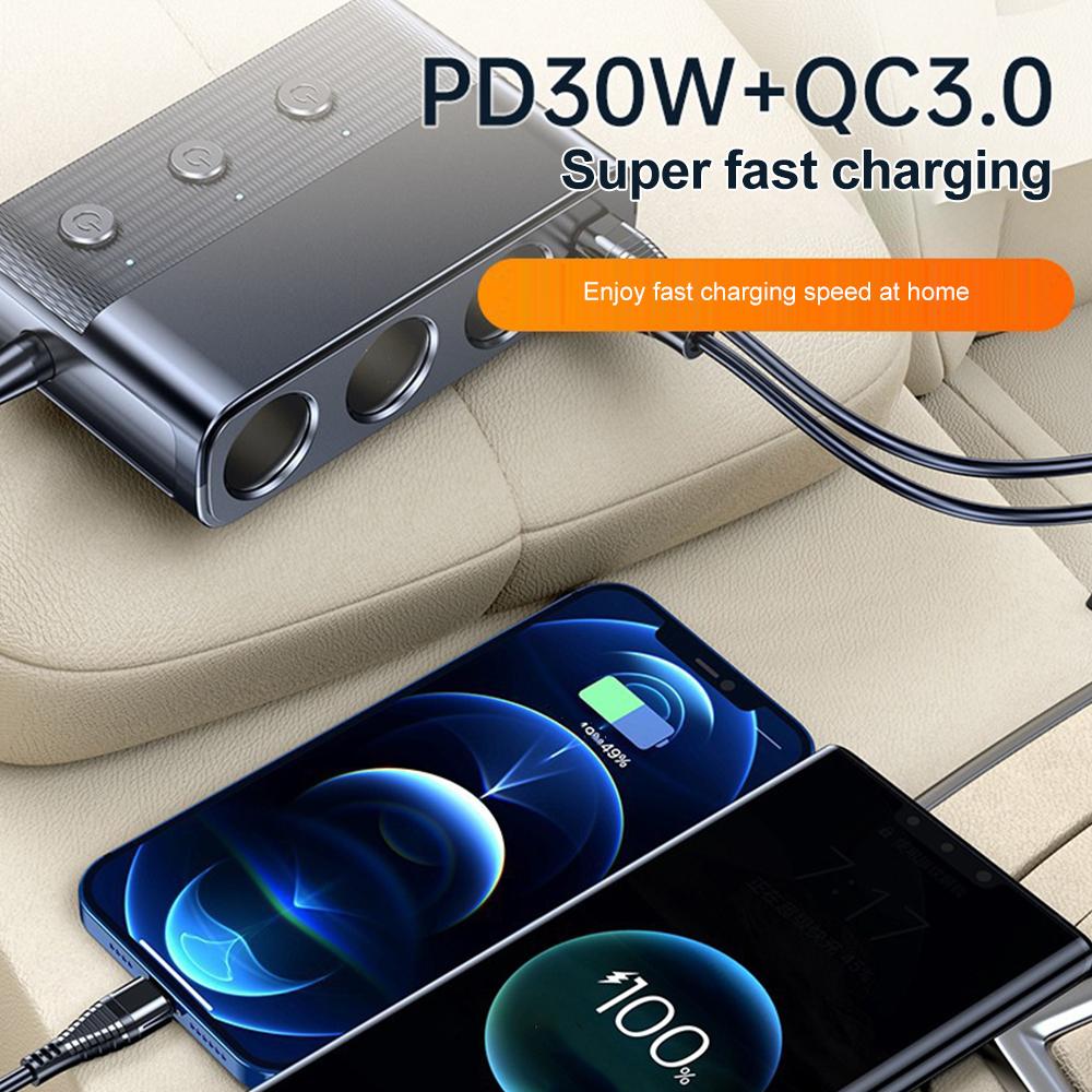 128W Car Phone Charger Lighter Adapter PD30W QC3.0 Multi Ports Quick Charge USB Charging Socket with Switch