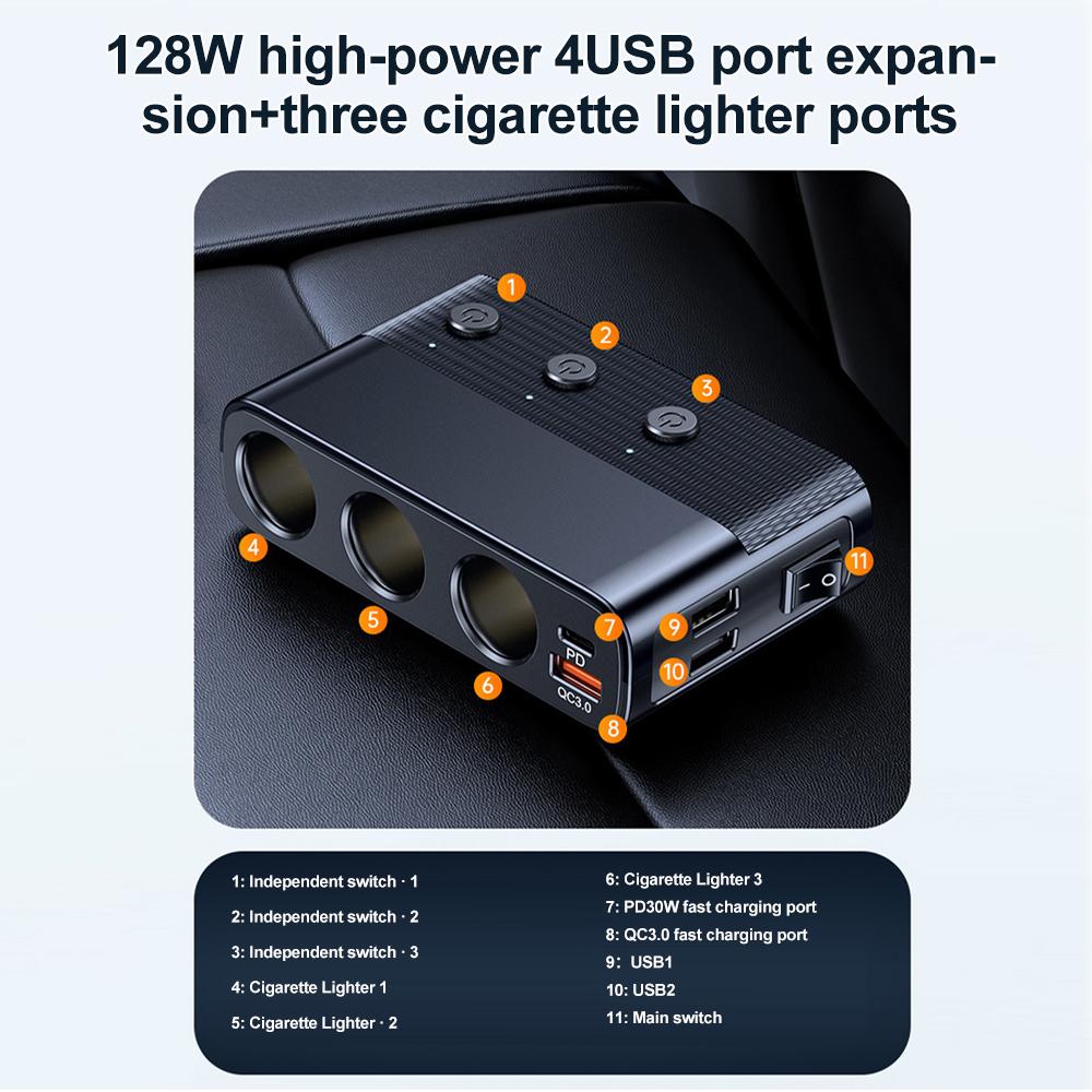 128W Car Phone Charger Lighter Adapter PD30W QC3.0 Multi Ports Quick Charge USB Charging Socket with Switch