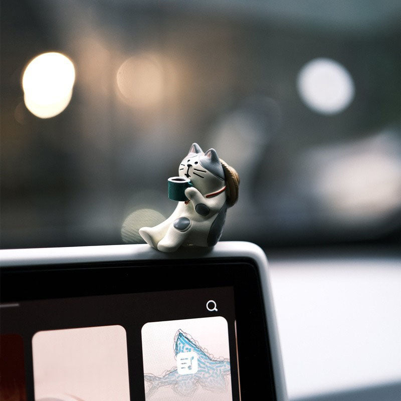 Cute Coffee Travel Cat Action Figure Auto Center Console Ornament