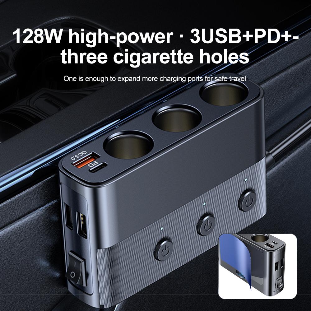 128W Car Phone Charger Lighter Adapter PD30W QC3.0 Multi Ports Quick Charge USB Charging Socket with Switch