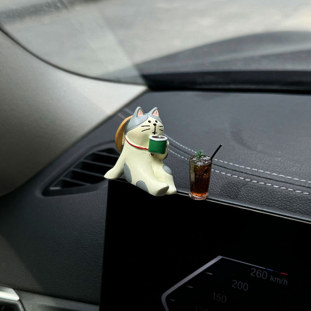 Cute Coffee Travel Cat Action Figure Auto Center Console Ornament