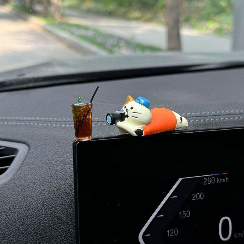 Cute Coffee Travel Cat Action Figure Auto Center Console Ornament