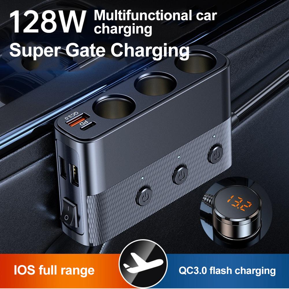 128W Car Phone Charger Lighter Adapter PD30W QC3.0 Multi Ports Quick Charge USB Charging Socket with Switch