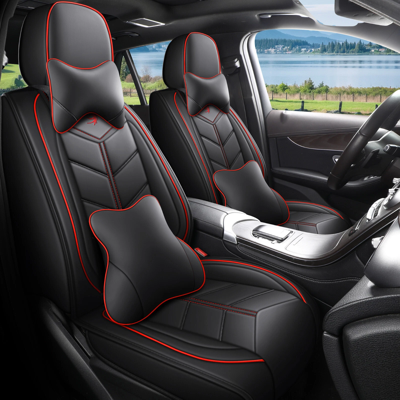 For Car Seat Cover Full Surround Set 5-Seat Faux Leather Cushion Cover