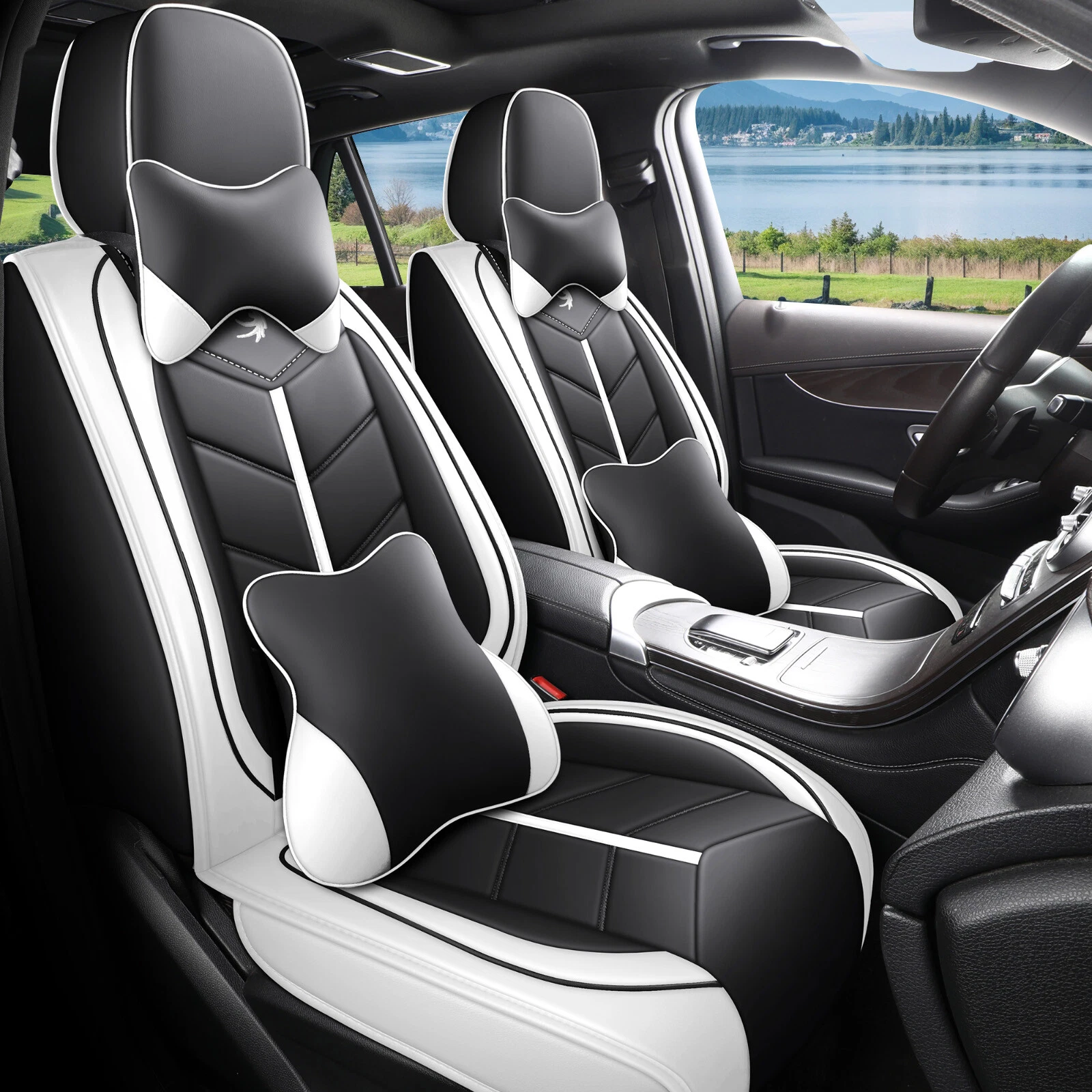 For Car Seat Cover Full Surround Set 5-Seat Faux Leather Cushion Cover