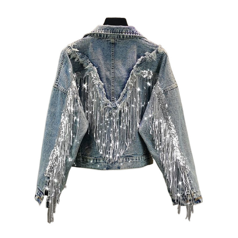 Jacket Woman Fringed Sequined Denim Jacket