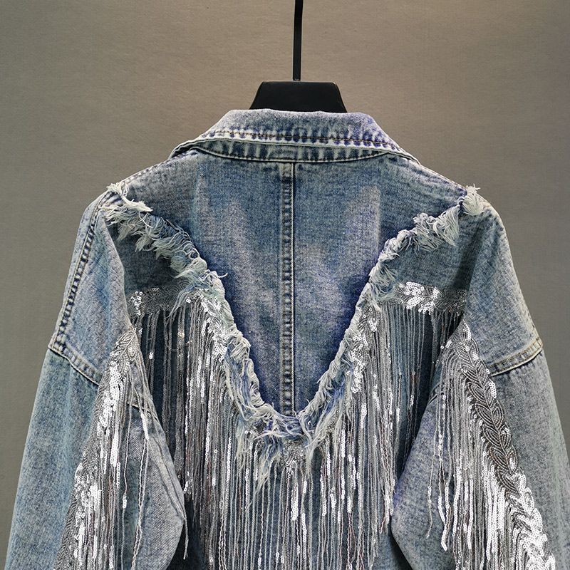 Jacket Woman Fringed Sequined Denim Jacket