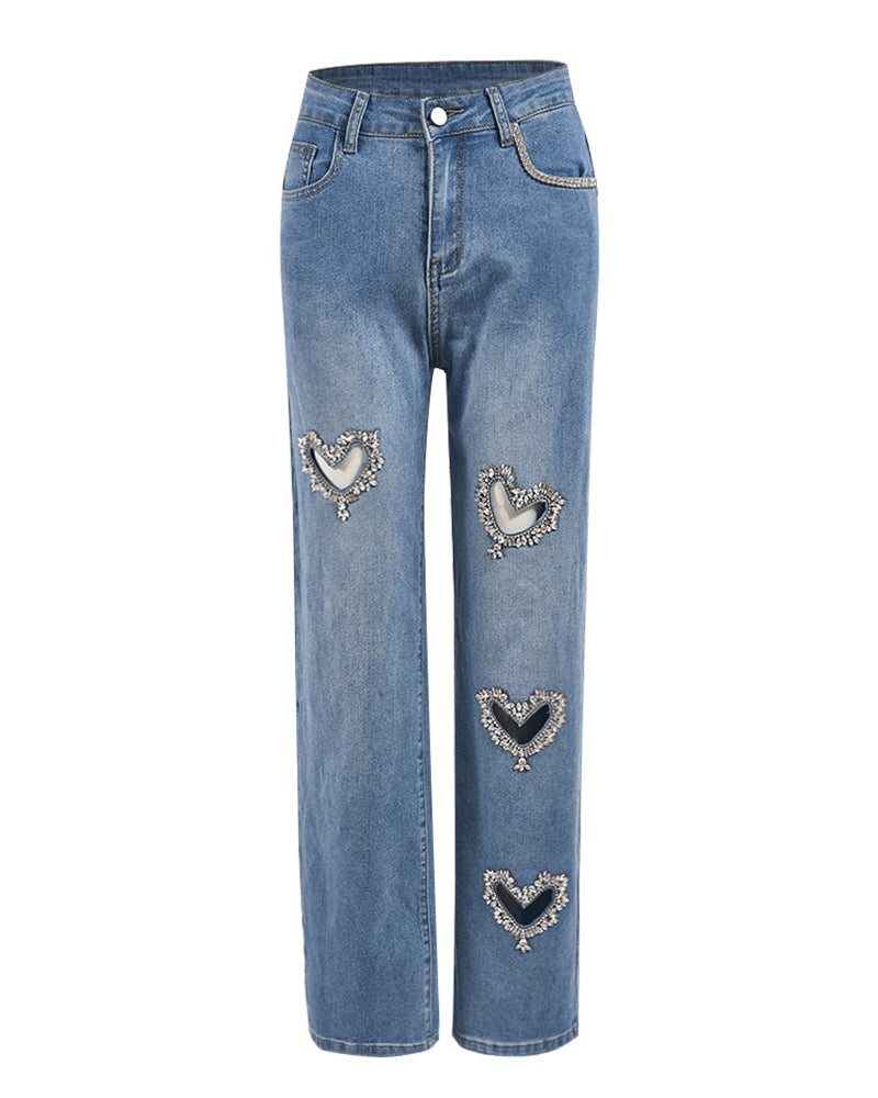 Women Straight Heart Diamond Hollow Out Pockets Vintage Denim