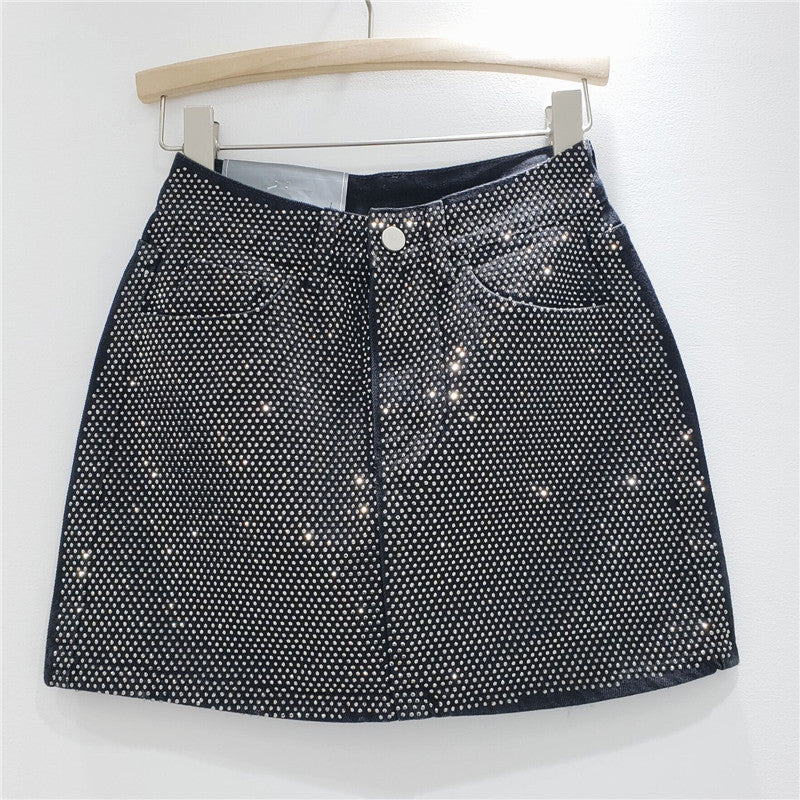 Stretchy Diamanté Denim Mini Skirt