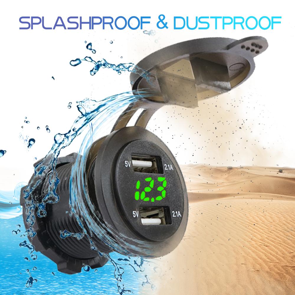 4.2A/5V Dual USB Car Charger Socket with Voltage Display Waterproof Fast Charge Adapter Power Outlet for Car Marine Motorcycle