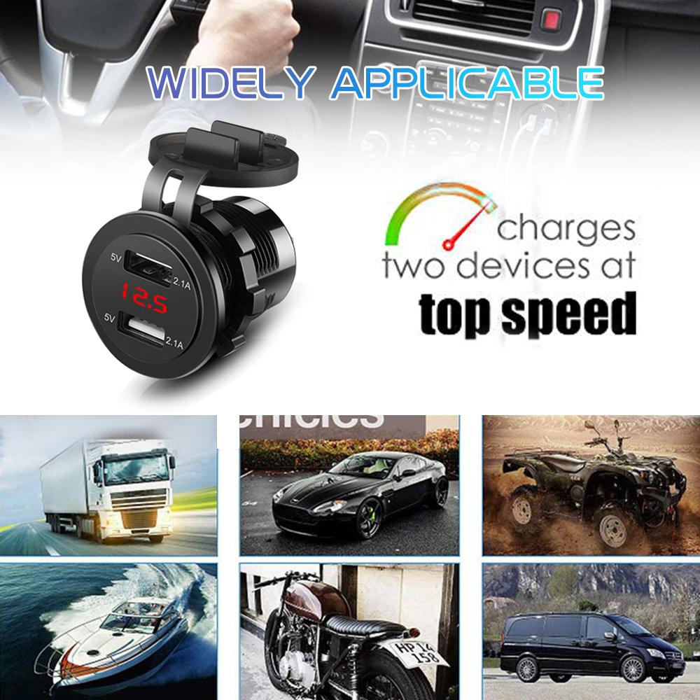 4.2A/5V Dual USB Car Charger Socket with Voltage Display Waterproof Fast Charge Adapter Power Outlet for Car Marine Motorcycle