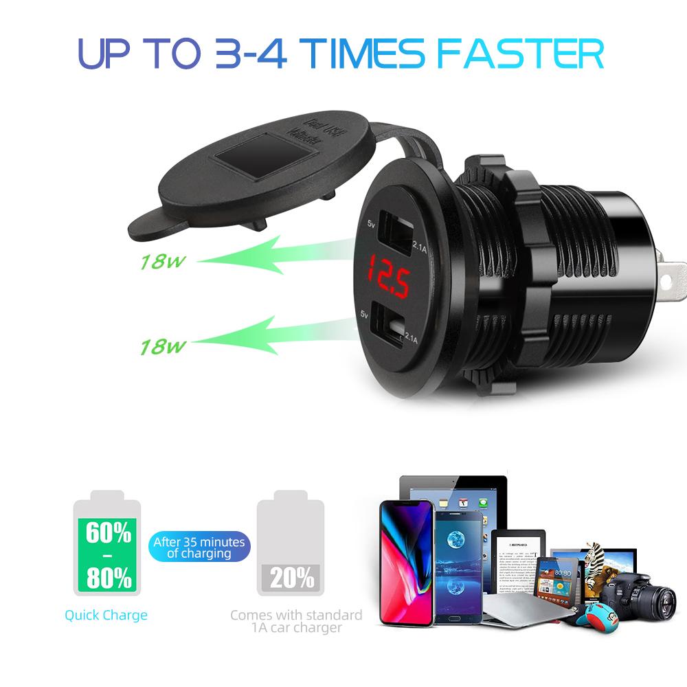 4.2A/5V Dual USB Car Charger Socket with Voltage Display Waterproof Fast Charge Adapter Power Outlet for Car Marine Motorcycle