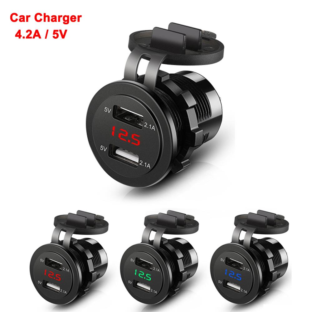 4.2A/5V Dual USB Car Charger Socket with Voltage Display Waterproof Fast Charge Adapter Power Outlet for Car Marine Motorcycle